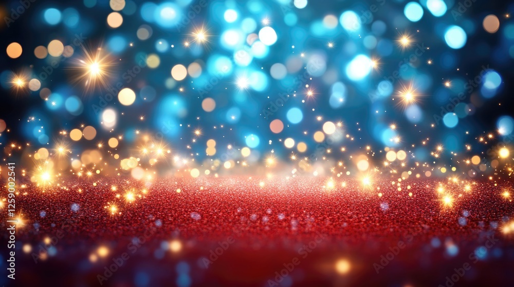 Naklejka premium Glittering bokeh lights on red sparkling background with blue highlights