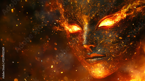 A fiery, otherworldly masquerade mask, seemingly sculpted from molten stone and flame, gazes intensely, embodying a dramatic and enigmatic carnival spirit. Otherworldly Carnival. Illustration photo