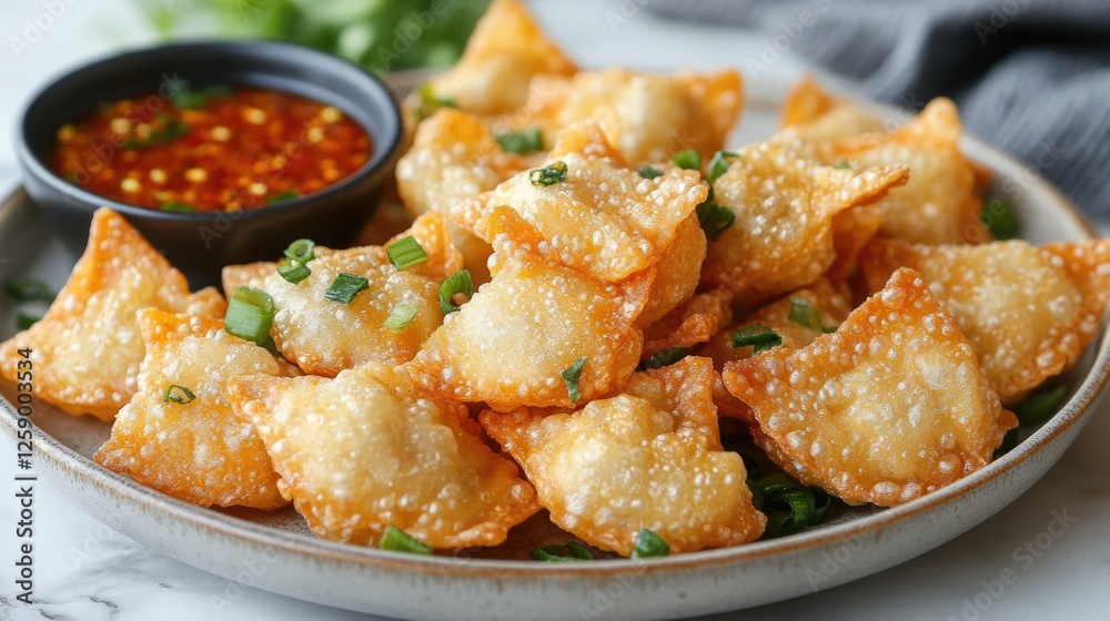 Crispy fried wontons with spicy dipping sauce and green onions garnish Crispy fried wontons with spicy dipping sauce and green onions garnish