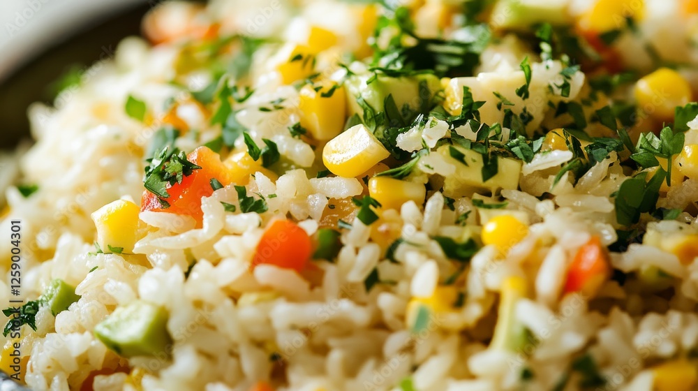 Close-up of rice with creamy avocado and corn salad. Featuring smooth avocado dressing with sweet corn and fresh herbs. Emphasizing a light, flavorful summer salad. Close-up of rice with creamy avocado and corn salad. Featuring smooth avocado dressing with sweet corn and fresh herbs. Emphasizing a light, flavorful summer salad.