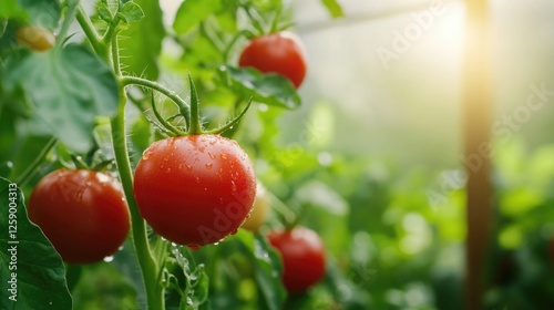 Wallpaper Mural Sunlit red tomatoes on vine with dew in lush green garden Torontodigital.ca