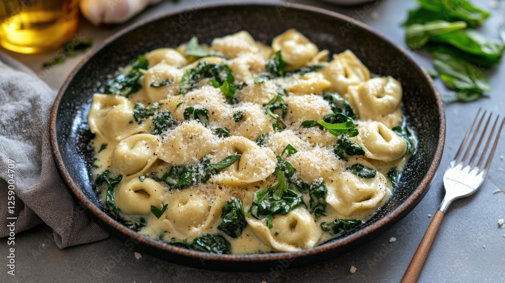 Creamy tortellini with spinach and parmesan in a black bowl on table setting Creamy tortellini with spinach and parmesan in a black bowl on table setting