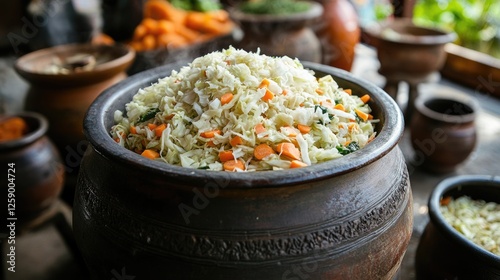 Traditional fermented vegetables in rustic clay pot with cabbage and carrots photo