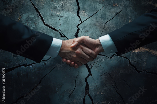 Handshake over cracked surface symbolizing fragile business deal