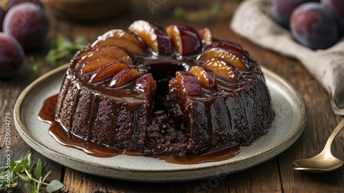 Delicious plum upside-down cake with rich caramel topping on wooden table