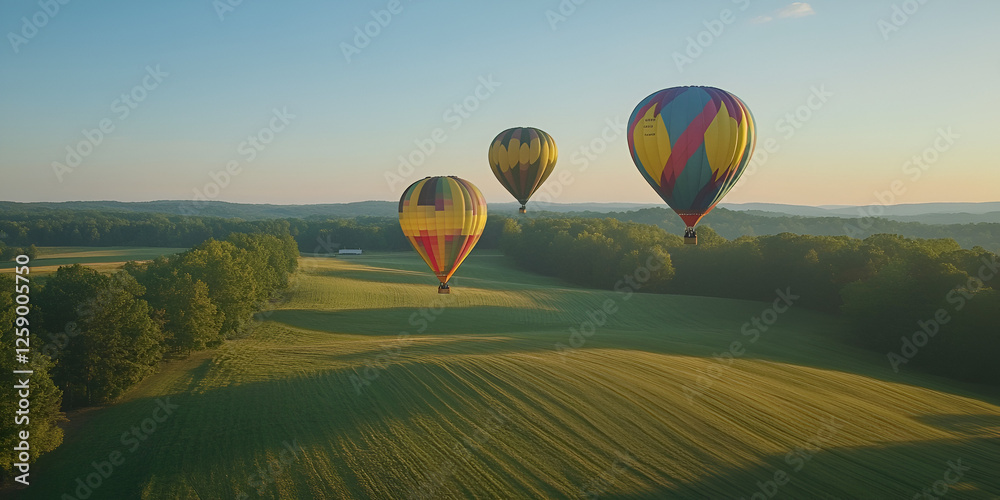 Naklejka premium Hot Air Balloons Floating Above Scenic Rolling Hills