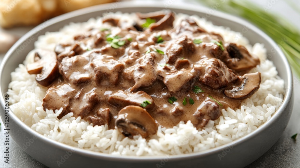 Close-up of rice with comforting beef stroganoff. Featuring tender beef in a creamy mushroom sauce, served over rice. Emphasizing a flavorful, comforting dish. Ideal for beef stroganoff recipes. Close-up of rice with comforting beef stroganoff. Featuring tender beef in a creamy mushroom sauce, served over rice. Emphasizing a flavorful, comforting dish. Ideal for beef stroganoff recipes.