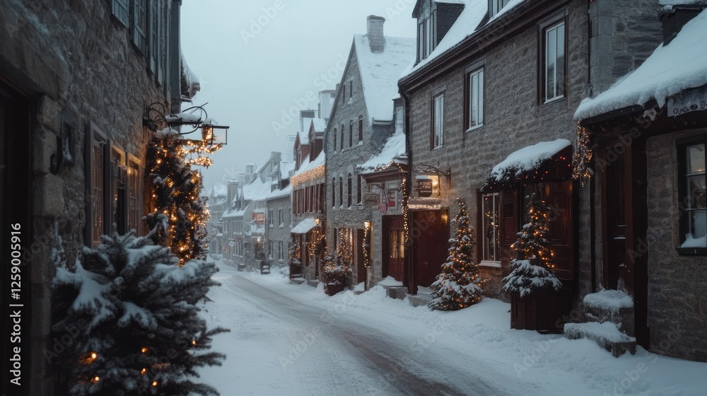 Fototapeta premium Snowy street scene in historic town with Christmas lights.