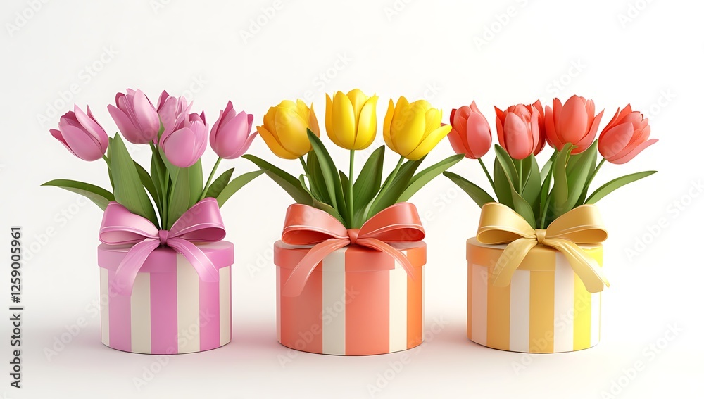 Fototapeta premium Three Gift Boxes with Colorful Tulips in Pink, Yellow, and Orange, Tied with Ribbons on Bright White Background