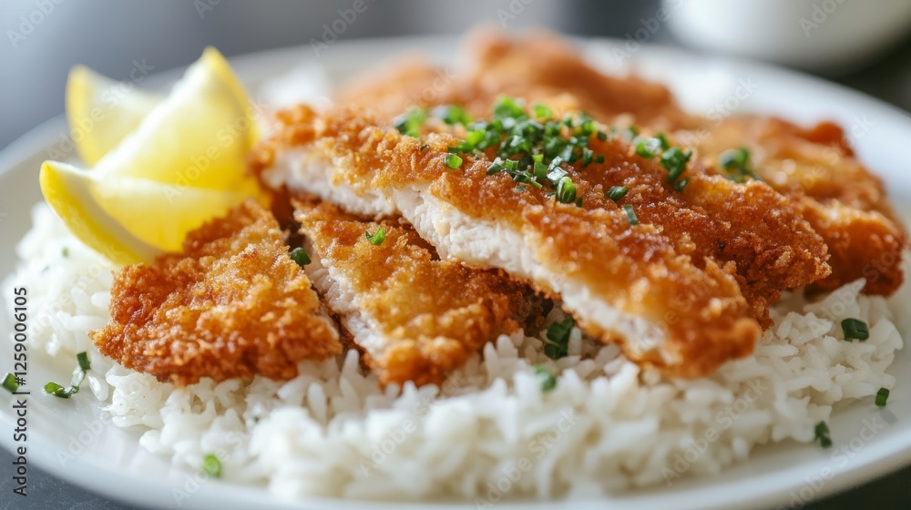 Close-up of rice with flavorful chicken schnitzel. Featuring crispy breaded chicken served over rice with lemon wedges. Emphasizing a crispy, flavorful dish. Ideal for schnitzel recipes. Close-up of rice with flavorful chicken schnitzel. Featuring crispy breaded chicken served over rice with lemon wedges. Emphasizing a crispy, flavorful dish. Ideal for schnitzel recipes.