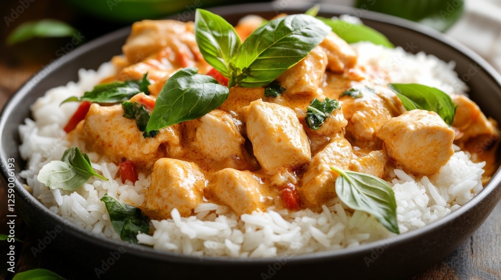Close-up of rice with flavorful red curry chicken. Featuring chicken in a rich red curry sauce, served over rice. Emphasizing a rich, flavorful dish. Ideal for red curry recipes.