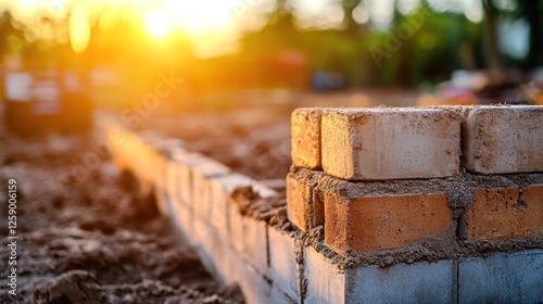 Sunset illuminates bricklaying foundation construction.