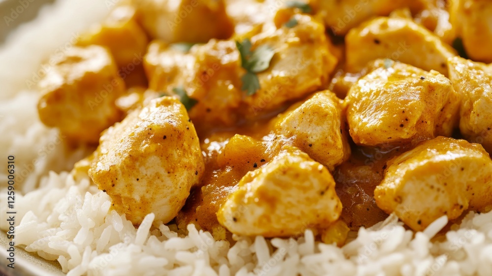 Close-up of rice with spicy Indian chicken curry. Featuring chicken in a rich curry sauce with aromatic spices, served over rice. Emphasizing a flavorful, spicy dish. Ideal for Indian recipes. Close-up of rice with spicy Indian chicken curry. Featuring chicken in a rich curry sauce with aromatic spices, served over rice. Emphasizing a flavorful, spicy dish. Ideal for Indian recipes.