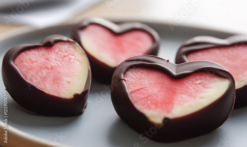 Luscious chocolate-dipped guava slices arranged in a heart pattern evoke gourmet indulgence and flavor presentation photo