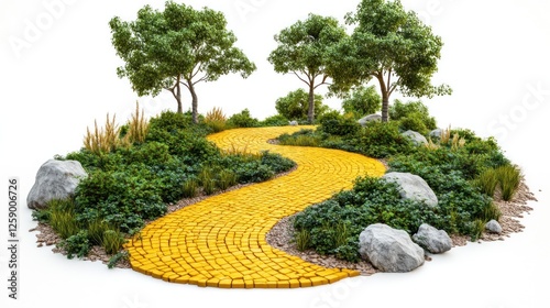 Yellow brick road winding through a lush green landscape with trees and rocks, isolated on white background.