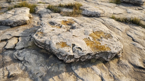 Close-up of a weathered, layered rock formation with patches of lichen, situated amidst cracked stone ground and sparse grass.