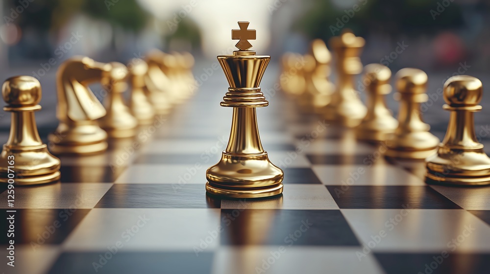 Golden Queen's Gambit: Chessboard Focused on Central Queen Piece, Highlighting Strategic Mastery and Business Planning.Generative AI Golden Queen's Gambit: Chessboard Focused on Central Queen Piece, Highlighting Strategic Mastery and Business Planning.Generative AI