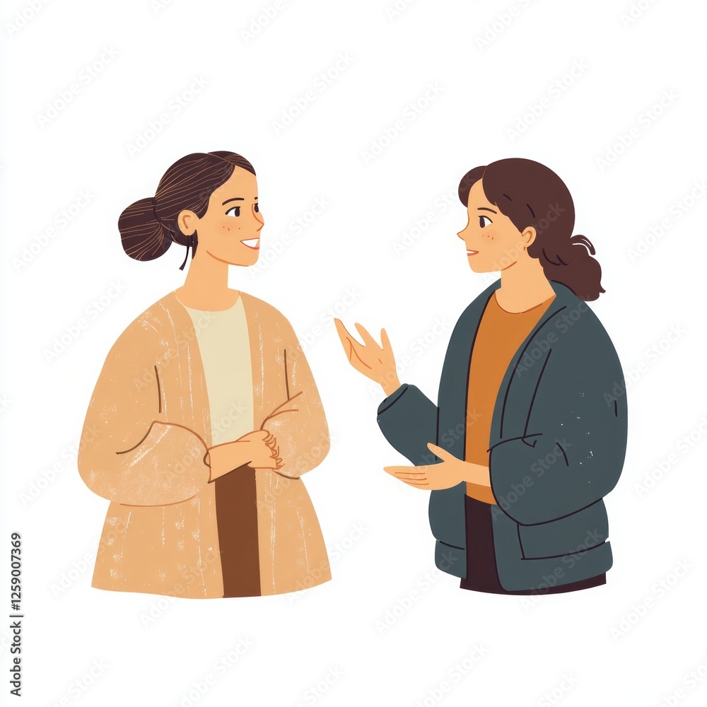 Two women engaging in friendly conversation with gestures in casual attire Two women engaging in friendly conversation with gestures in casual attire