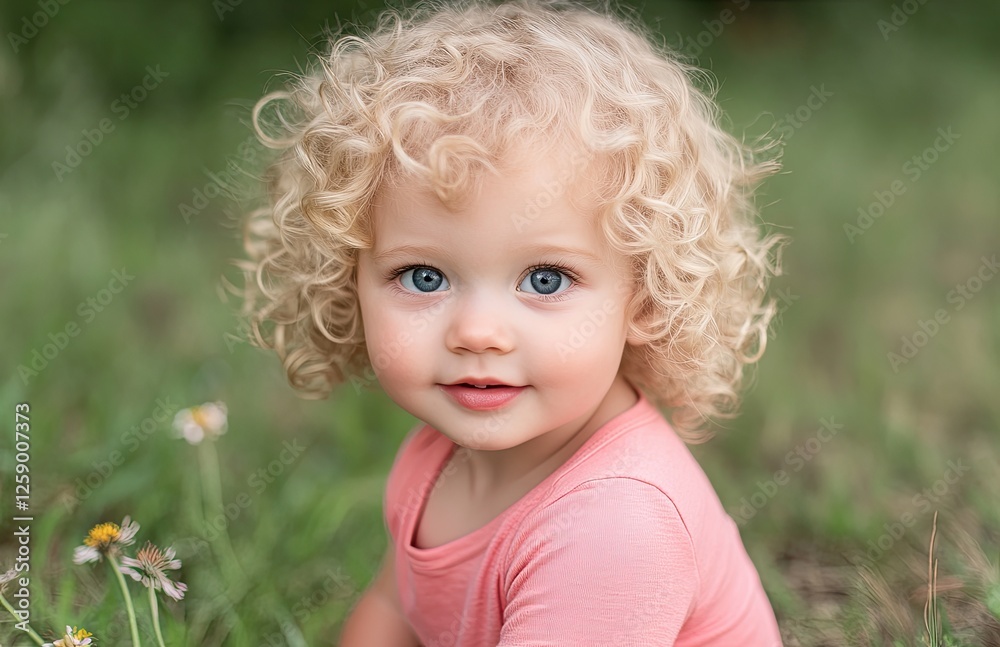 A picture of a little girl playing outside in the summer, holding some grass A picture of a little girl playing outside in the summer, holding some grass