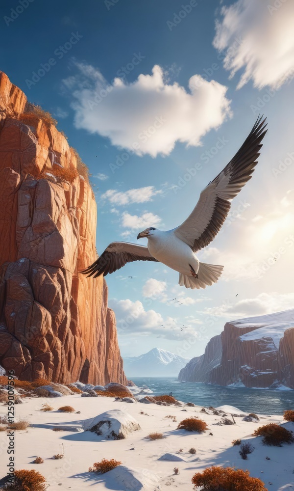 Naklejka premium Ein Albatros in einem orangen Himmel über der Antarktis mit einer weißen Krümmel und Felsen, sunny sky, wavy sea