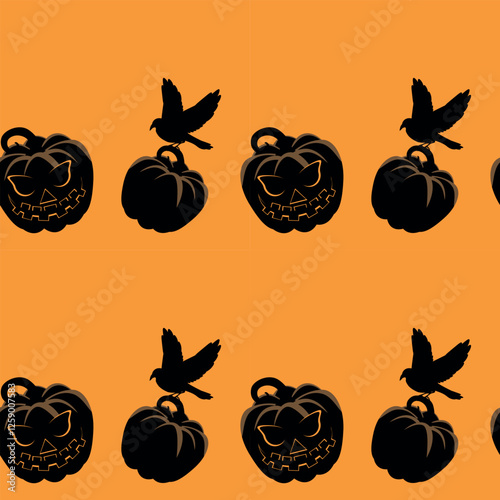 Vector orange Halloween seamless pattern with black Ravens on Pumpkins. Spooky seamless pattern