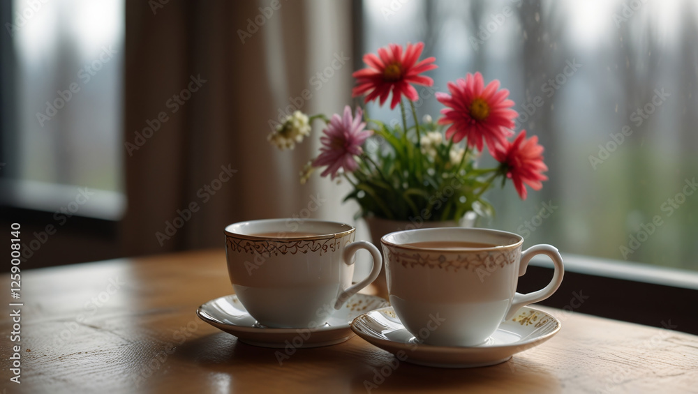 cup of coffee and flowers by the window cup of coffee and flowers by the window