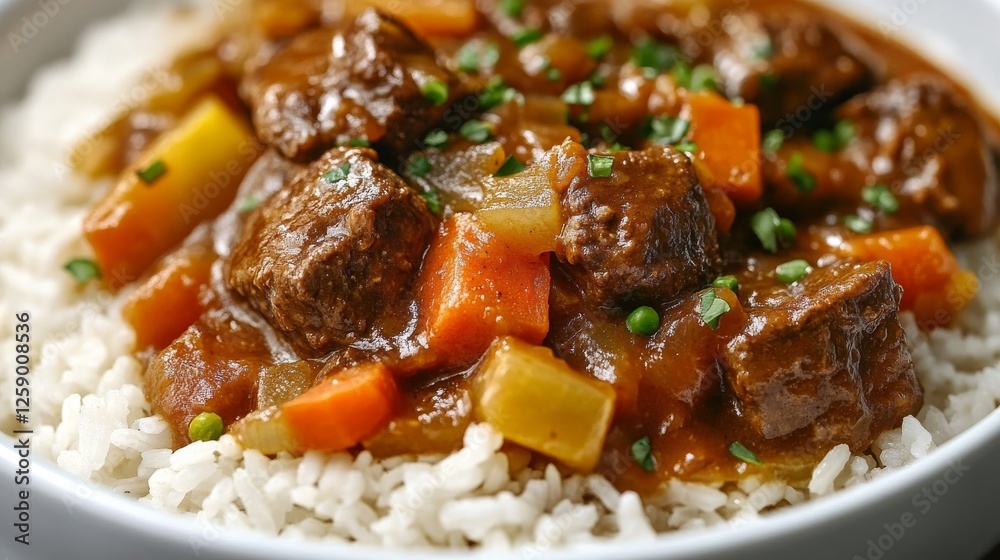 Close-up of rice with hearty beef and vegetable stew. Featuring beef chunks and vegetables in a savory sauce, served over rice. Emphasizing a comforting, satisfying dish. Ideal for beef stew recipes. Close-up of rice with hearty beef and vegetable stew. Featuring beef chunks and vegetables in a savory sauce, served over rice. Emphasizing a comforting, satisfying dish. Ideal for beef stew recipes.