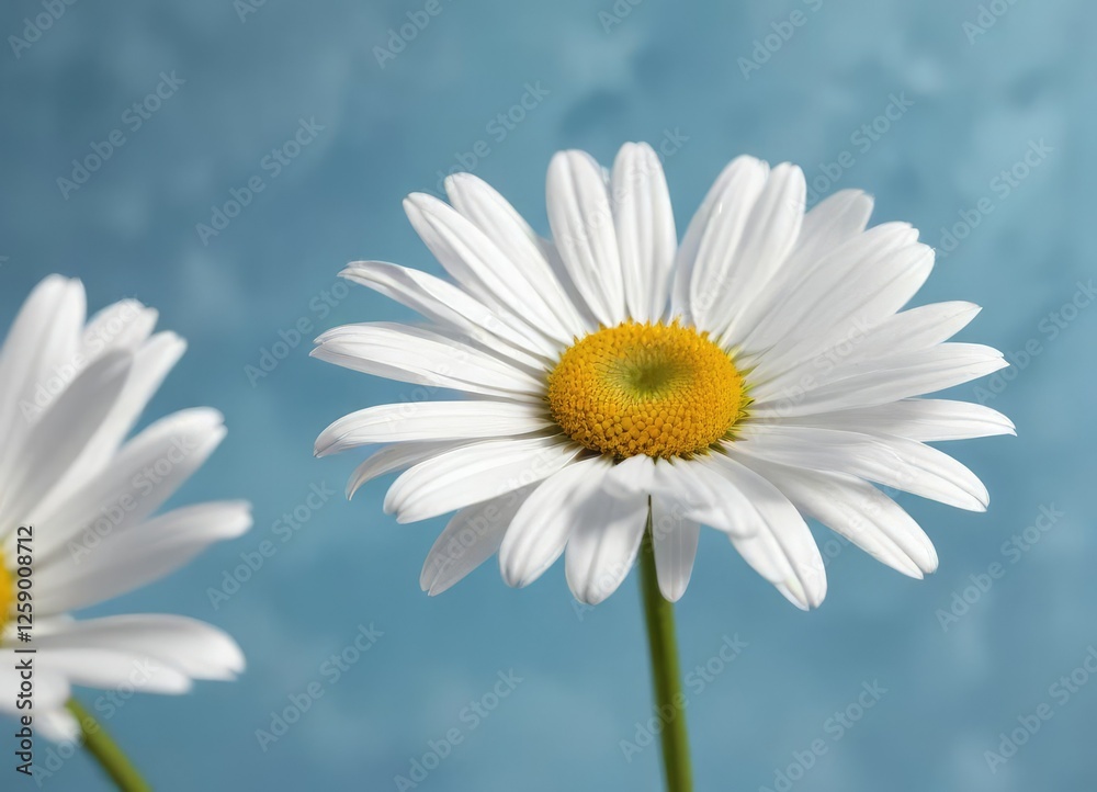 Elegant white daisy on sky blue canvas backdrop, canvas, petals Elegant white daisy on sky blue canvas backdrop, canvas, petals