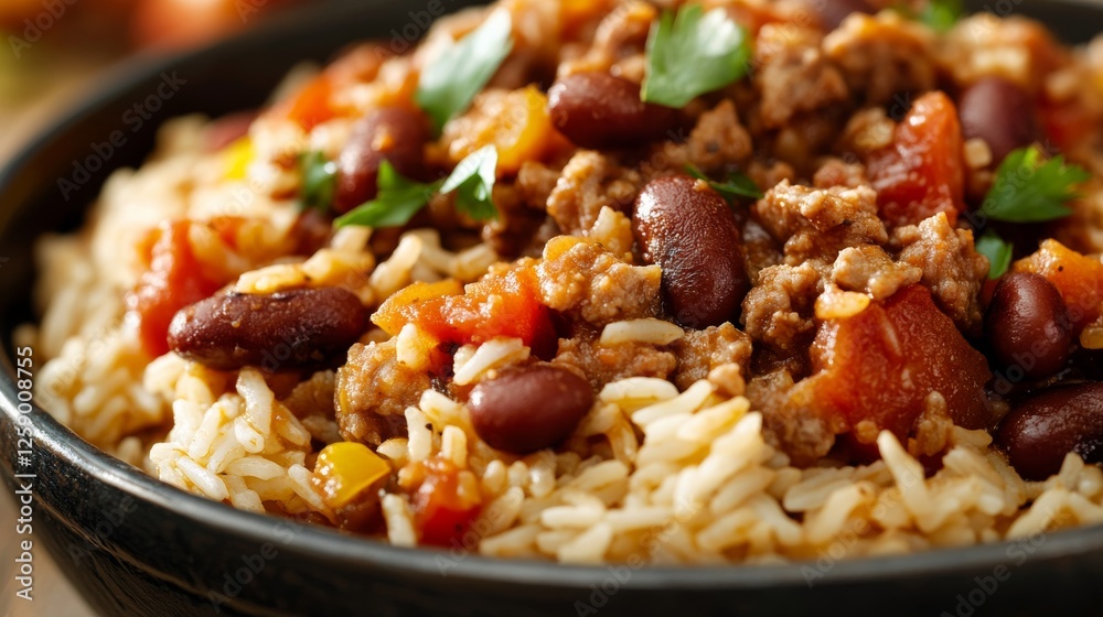 Close-up of rice with spicy chorizo and bean stew. Featuring chorizo sausage with beans and spices, served over rice. Emphasizing a hearty, flavorful dish. Ideal for stew recipes. Close-up of rice with spicy chorizo and bean stew. Featuring chorizo sausage with beans and spices, served over rice. Emphasizing a hearty, flavorful dish. Ideal for stew recipes.