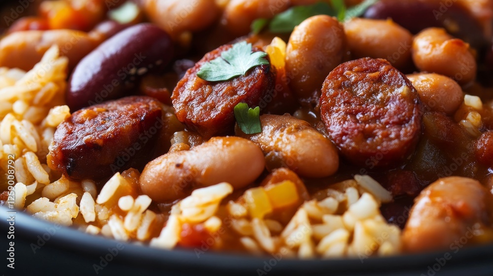 Close-up of rice with spicy chorizo and bean stew. Featuring chorizo sausage with beans and spices, served over rice. Emphasizing a hearty, flavorful dish. Ideal for stew recipes. Close-up of rice with spicy chorizo and bean stew. Featuring chorizo sausage with beans and spices, served over rice. Emphasizing a hearty, flavorful dish. Ideal for stew recipes.