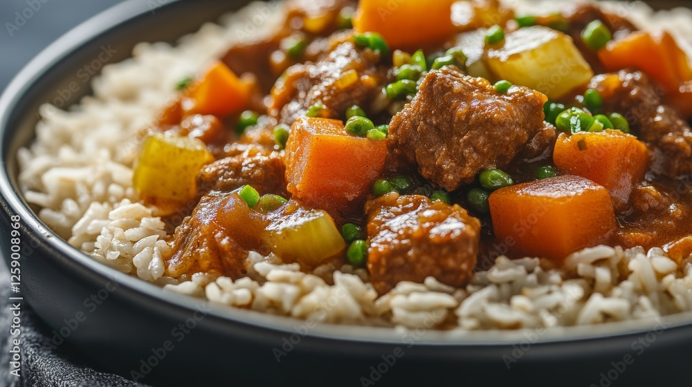 Close-up of rice with hearty beef and vegetable stew. Featuring tender beef chunks and mixed vegetables in a rich stew. Emphasizing a satisfying, comforting meal. Close-up of rice with hearty beef and vegetable stew. Featuring tender beef chunks and mixed vegetables in a rich stew. Emphasizing a satisfying, comforting meal.