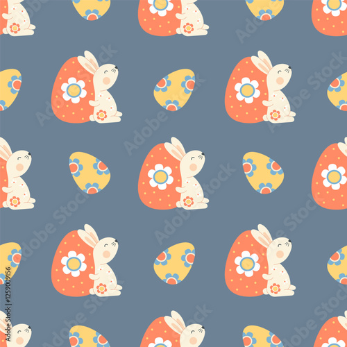 Easter Bunny Seamless pattern. Egg Hunt. Cute rabbit with paschal decorative Egg on blue background. Holiday Vector illustration. Kids collection