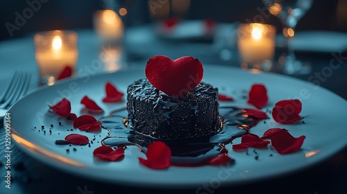 Romantic chocolate dessert, candlelit dinner, rose petals, intimate setting, Valentine's Day photo