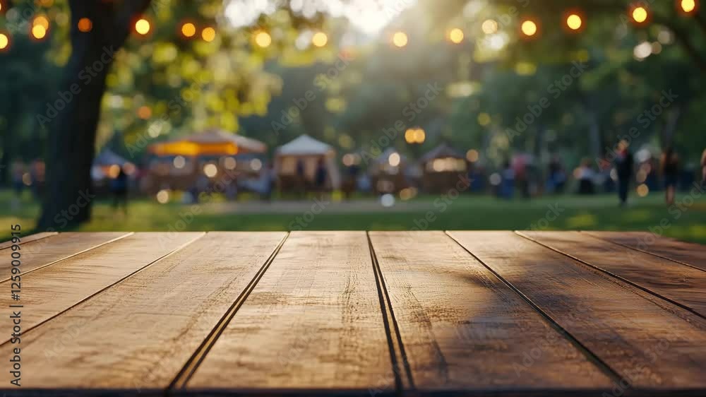 A wooden table in focus sits under warm sunlight while a vibrant park celebration unfolds in the background. Guests mingle, enjoy activities, and savor refreshments in the fresh air.