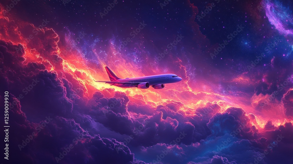 Airplane Soaring Through Vibrant Cosmic Cloudscape Airplane Soaring Through Vibrant Cosmic Cloudscape