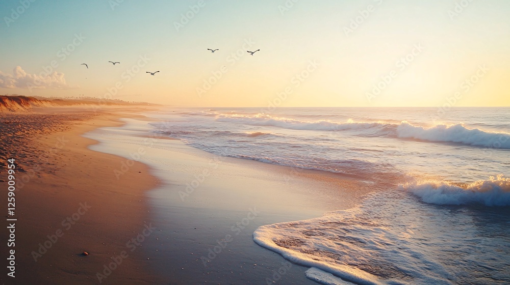 Obraz premium Sunset casting a golden glow on a tranquil sandy shore with gentle waves and seagulls in flight