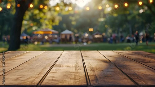 A wooden table in focus sits under warm sunlight while a vibrant park celebration unfolds in the background. Guests mingle, enjoy activities, and savor refreshments in the fresh air.