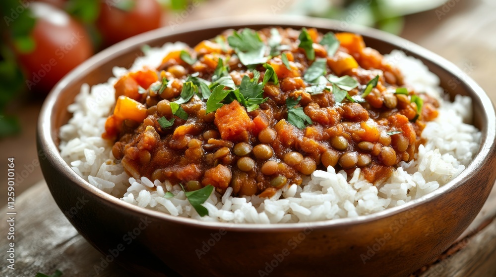 Close-up of rice with Moroccan spiced lentil stew. Featuring lentils with spices and vegetables, served over rice. Emphasizing a rich, flavorful dish. Ideal for Moroccan recipes. Close-up of rice with Moroccan spiced lentil stew. Featuring lentils with spices and vegetables, served over rice. Emphasizing a rich, flavorful dish. Ideal for Moroccan recipes.