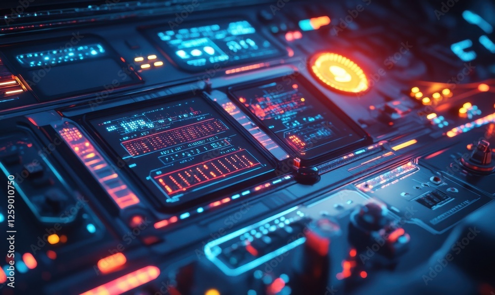 High-tech control panel glowing with multi-colored displays, set in a dimly lit environment for a futuristic ambiance. High-tech control panel glowing with multi-colored displays, set in a dimly lit environment for a futuristic ambiance.