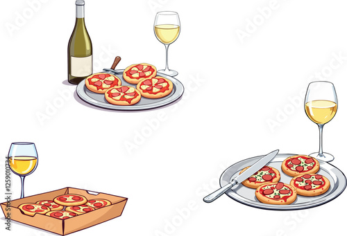 Vsai mini pizzas served with white wine and pizza cutter on trays and in cardboard box