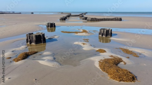 Exposed mudflats and groynes with saltwater pools and seaweed, estuary scene, mudflats, tidal zone photo