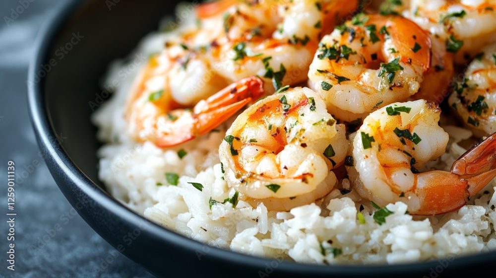Close-up of rice with savory garlic shrimp. Featuring shrimp saut茅ed with garlic and herbs, served over rice with lemon zest. Emphasizing a flavorful, aromatic dish. Ideal for shrimp recipes. Close-up of rice with savory garlic shrimp. Featuring shrimp saut茅ed with garlic and herbs, served over rice with lemon zest. Emphasizing a flavorful, aromatic dish. Ideal for shrimp recipes.