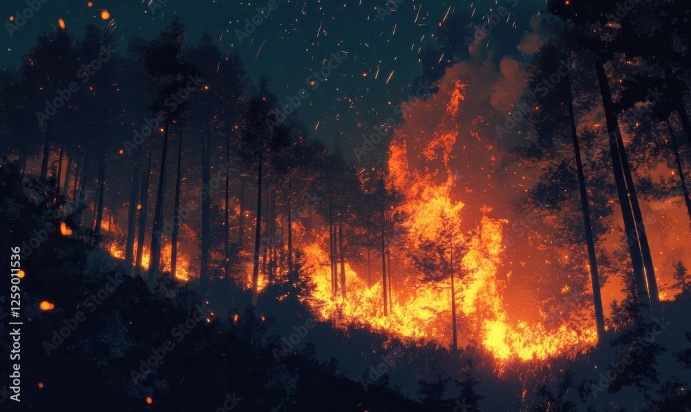 Obraz premium Intense wildfire raging through a forest at nigh image