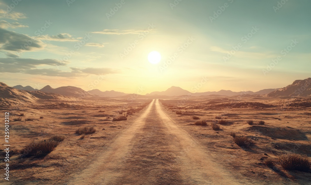Naklejka premium Isolated desert road stretching into the horizon under a blazing sun, emphasizing solitude and freedom, vibrant and warm colors