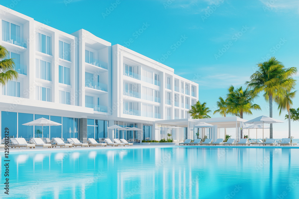 Cozy hotel on the first coastline.pool and light blue water, sunbeds, umbrellas, palm trees, large windows. Cozy hotel on the first coastline.pool and light blue water, sunbeds, umbrellas, palm trees, large windows.