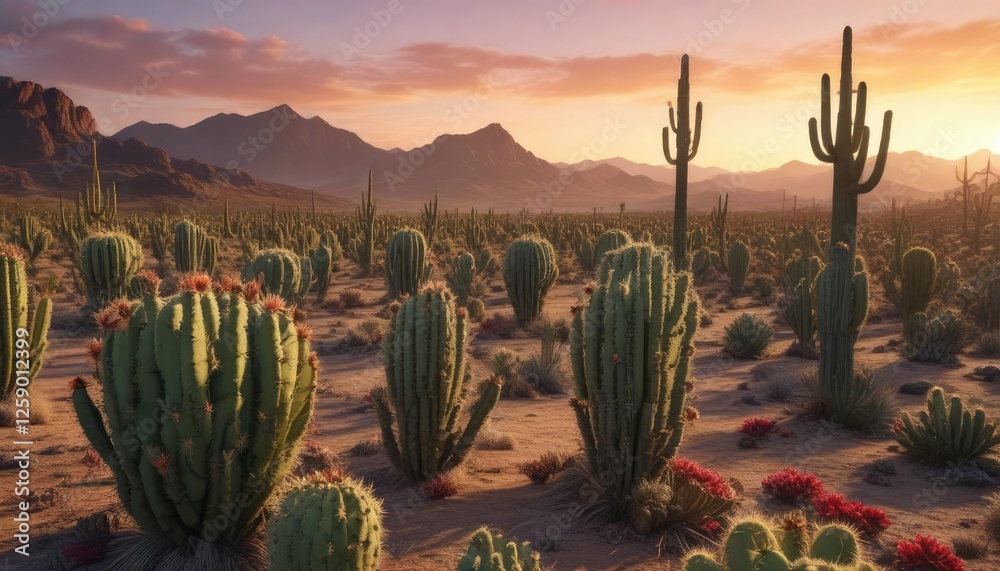 Field of tall prickly cacti stretching towards the fading light of sunset, succulent plants, cactus forest, desert landscape