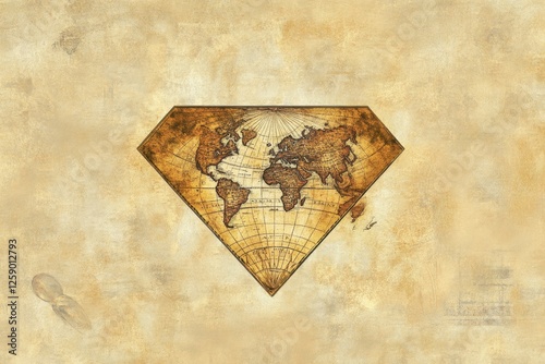 Old world map in diamond shape on textured background