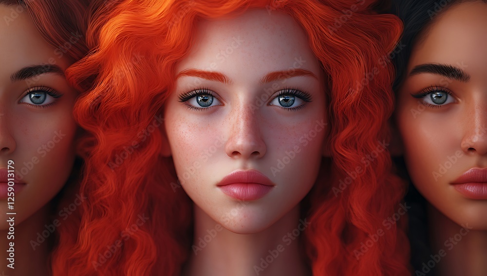 Fototapeta premium Trio of Women with Vibrant Red Curls and Diverse Hair Textures