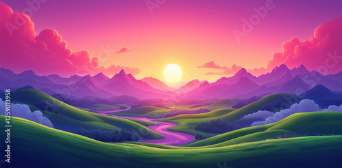 A colorful fantasy landscape with mountains, rivers, and fields at sunset, in a cartoon style with bright colors.