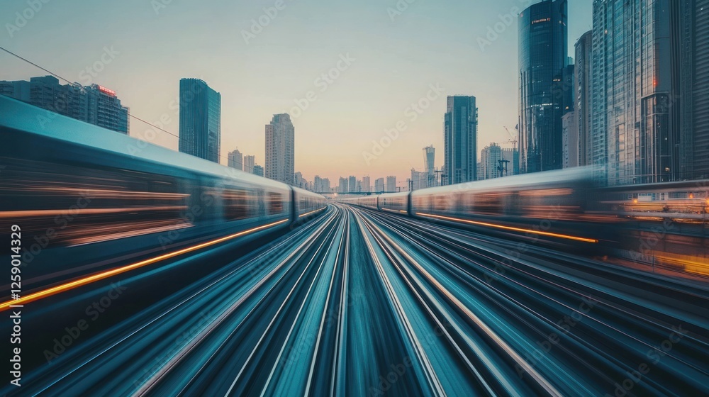 Fototapeta premium Fast train speeding through modern city at dawn.